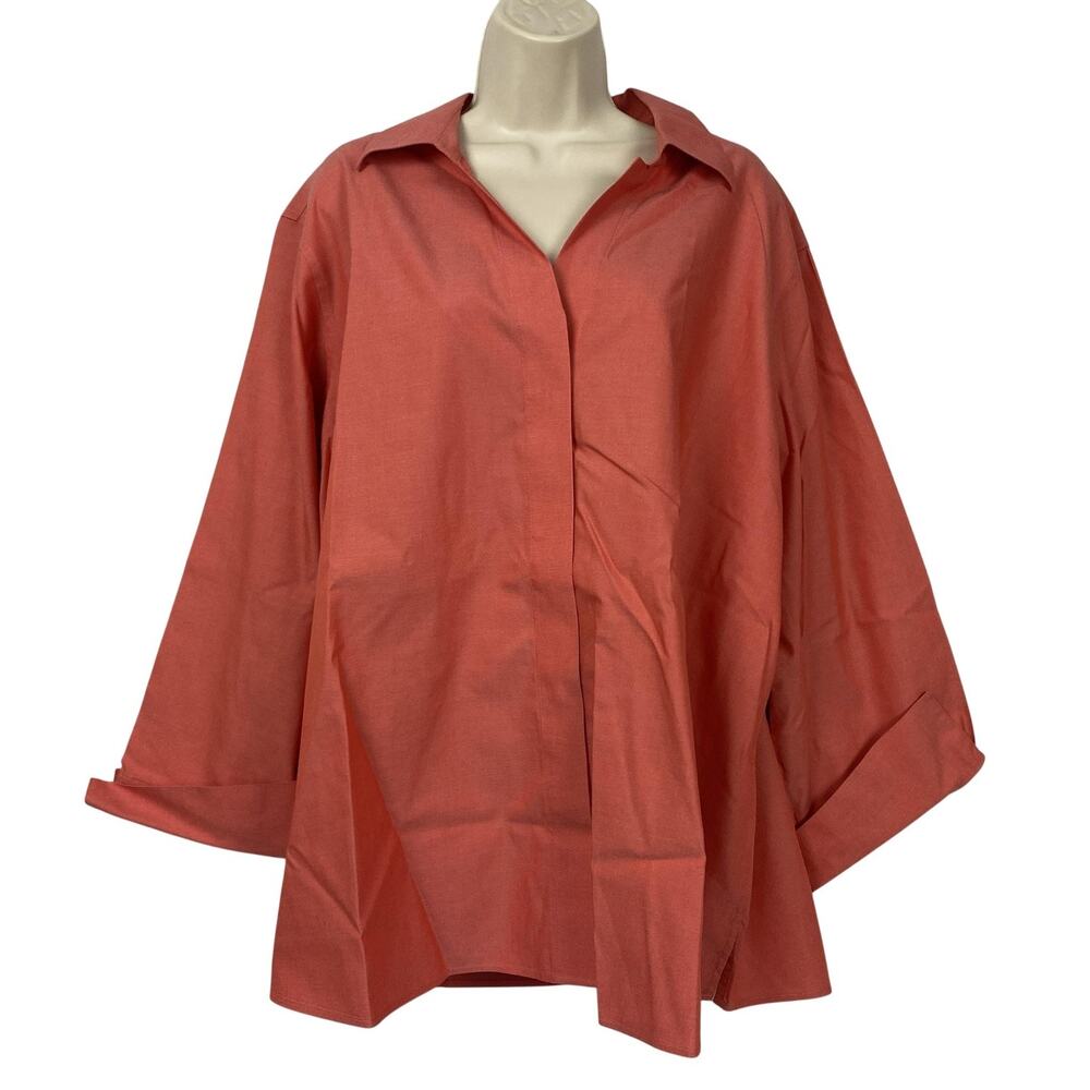 Foxcroft Button Up Shirt Womens 24W Plus Orange Non-Iron Shaped Fit 3/4 Sleeve